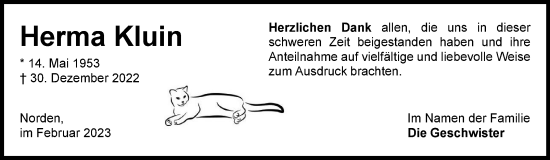 Traueranzeige von Herma Kluin 