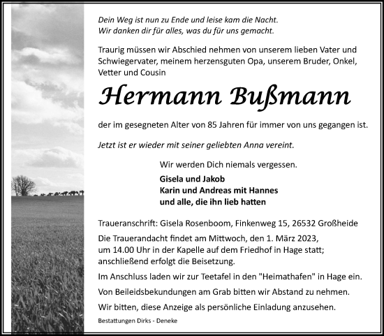 Traueranzeige von Hermann Bußmann 