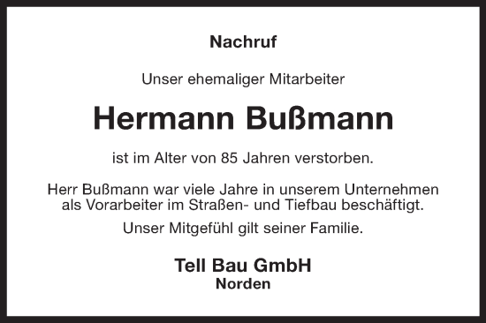 Traueranzeige von Hermann Bußmann 