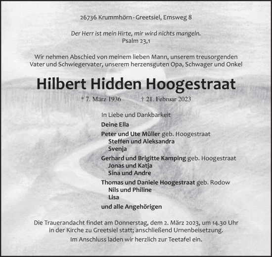 Traueranzeige von Hilbert Hidden Hoogestraat 