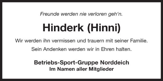 Traueranzeige von Hinderk  