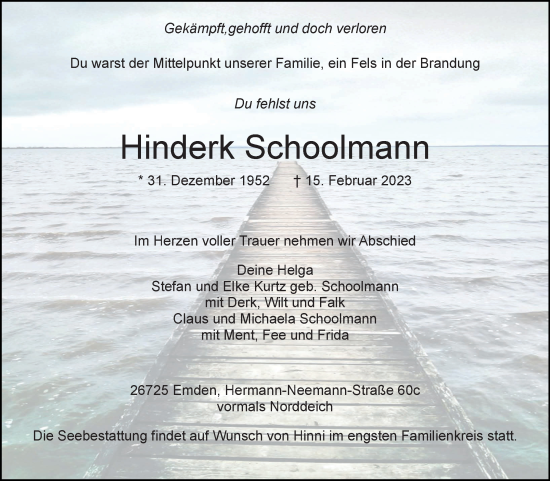 Traueranzeige von Hinderk Schoolmann 