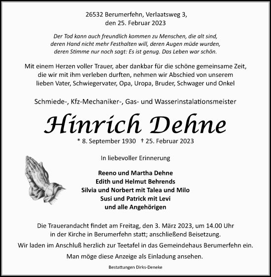 Traueranzeige von Hinrich Dehne 