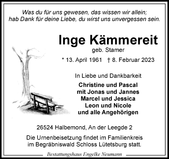 Traueranzeige von Inge Kämmereit 