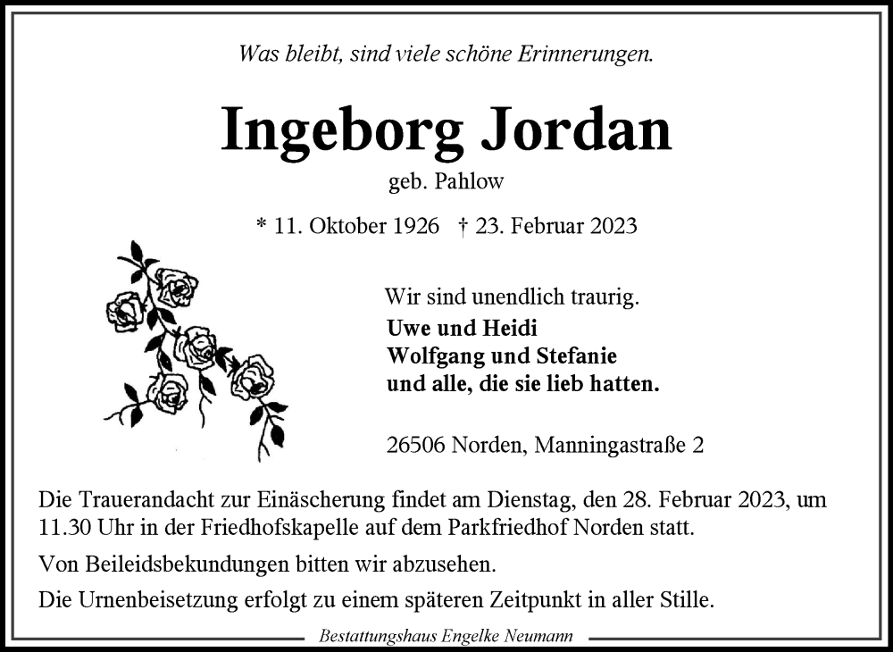  Traueranzeige für Ingeborg Jordan vom 25.02.2023 aus 