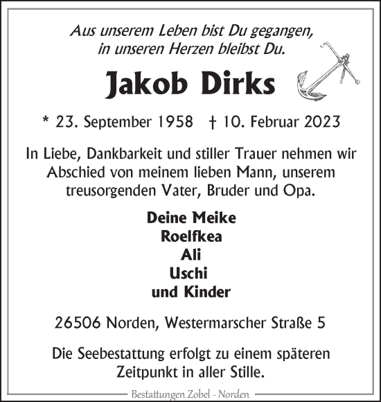 Traueranzeige von Jakob Dirks 
