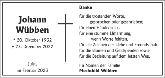 Traueranzeige von Johann Wübben 