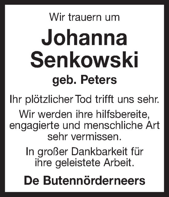 Traueranzeige von Johanna Senkowski 