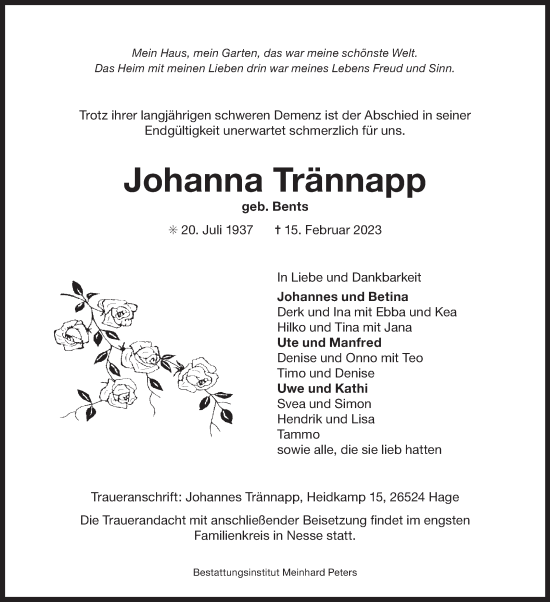 Traueranzeige von Johanna Trännapp 