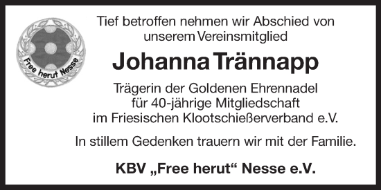 Traueranzeige von Johanna Trännapp 