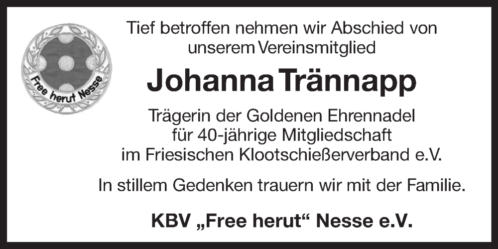  Traueranzeige für Johanna Trännapp vom 18.02.2023 aus 