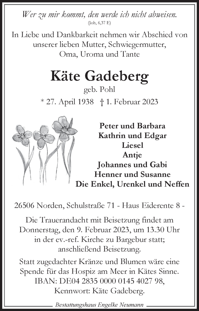  Traueranzeige für Käte Gadeberg vom 04.02.2023 aus 