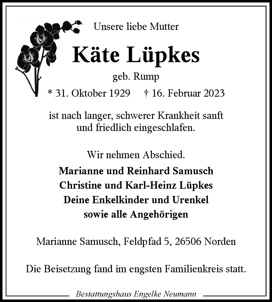  Traueranzeige für Käte Lüpkes vom 25.02.2023 aus 