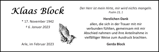 Traueranzeige von Klaas Block 