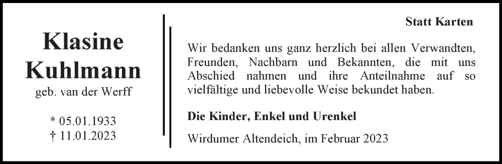  Traueranzeige für Klasine Kuhlmann vom 25.02.2023 aus 