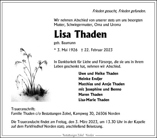 Traueranzeige von Lisa Thaden 