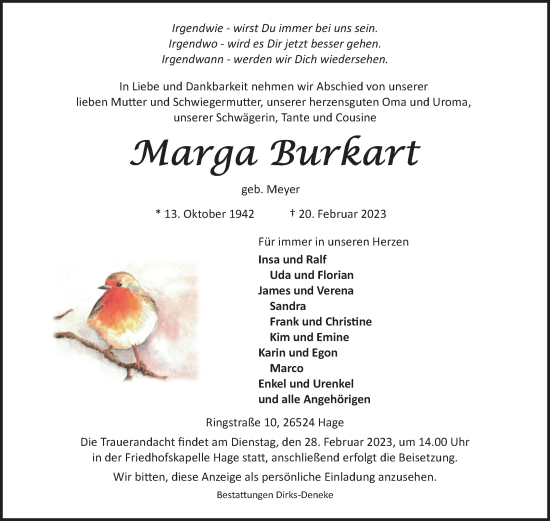Traueranzeige von Marga Burkart 