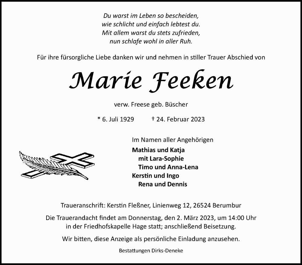  Traueranzeige für Marie Feeken vom 27.02.2023 aus 