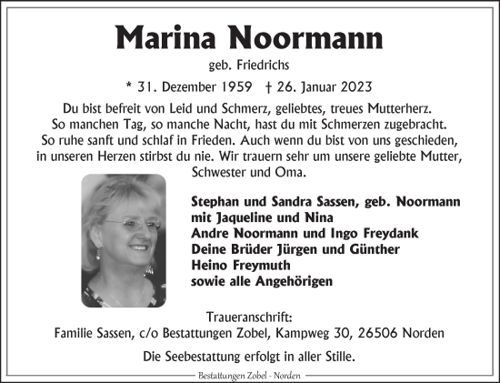 Traueranzeige von Marina Noormann 