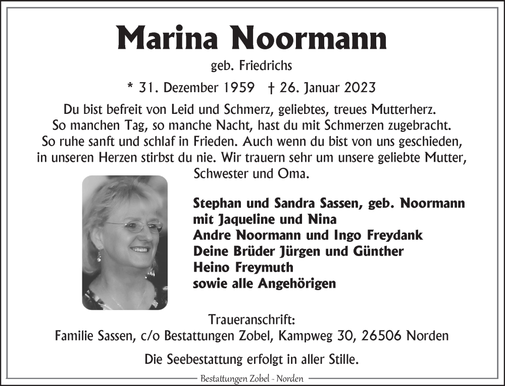  Traueranzeige für Marina Noormann vom 01.02.2023 aus 