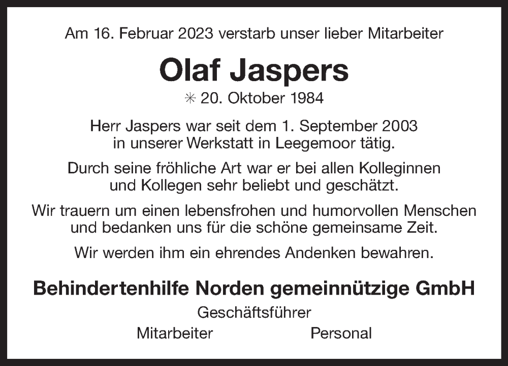  Traueranzeige für Olaf Jaspers vom 22.02.2023 aus 