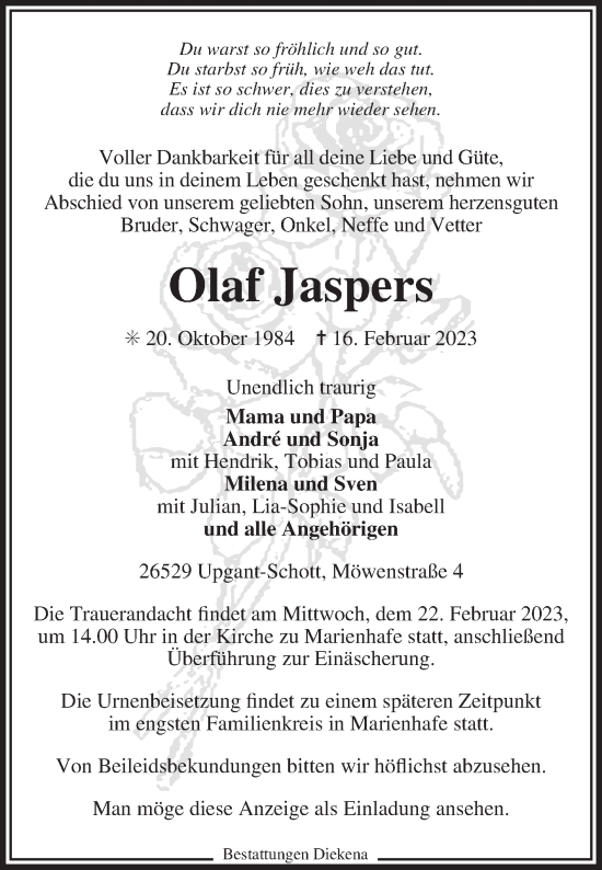 Traueranzeige von Olaf Jaspers 