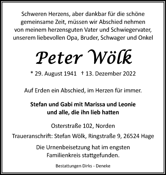 Traueranzeige von Peter Wölk 