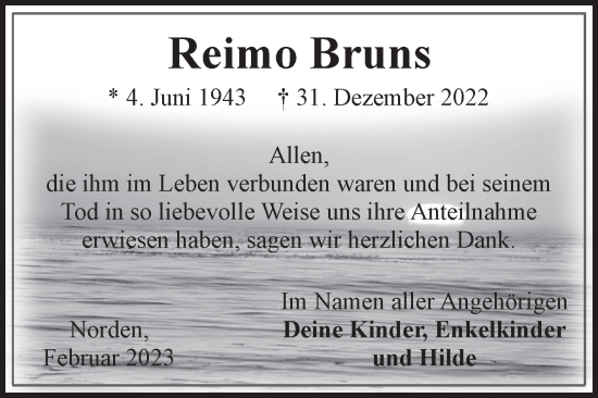 Traueranzeige von Reimo Bruns 