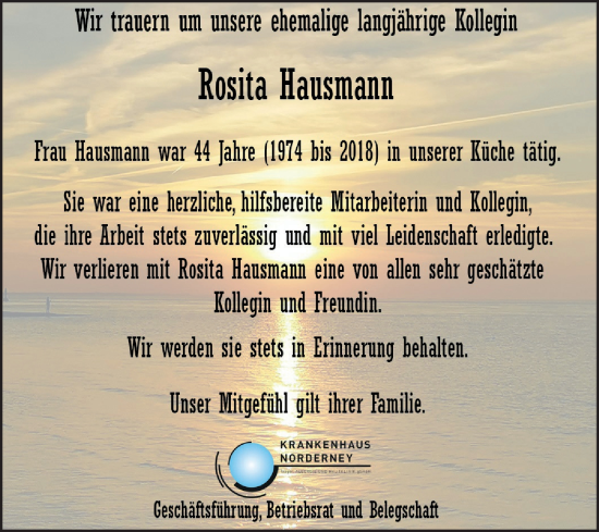 Traueranzeige von Rosita Hausmann 