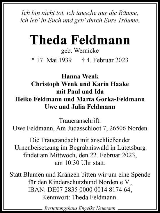 Traueranzeige von Theda Feldmann 