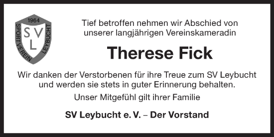 Traueranzeige von Therese Fick 