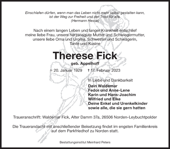 Traueranzeige von Therese Fick 