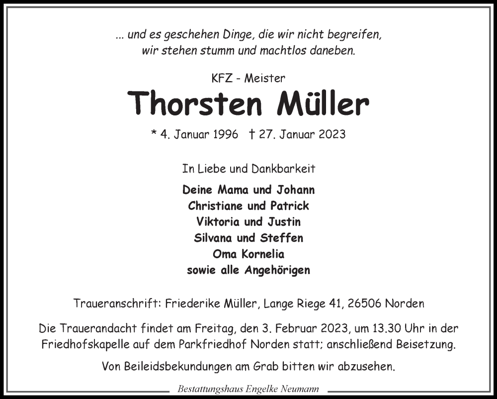  Traueranzeige für Thorsten Müller vom 01.02.2023 aus 