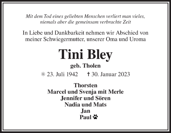 Traueranzeige von Tini Bley 