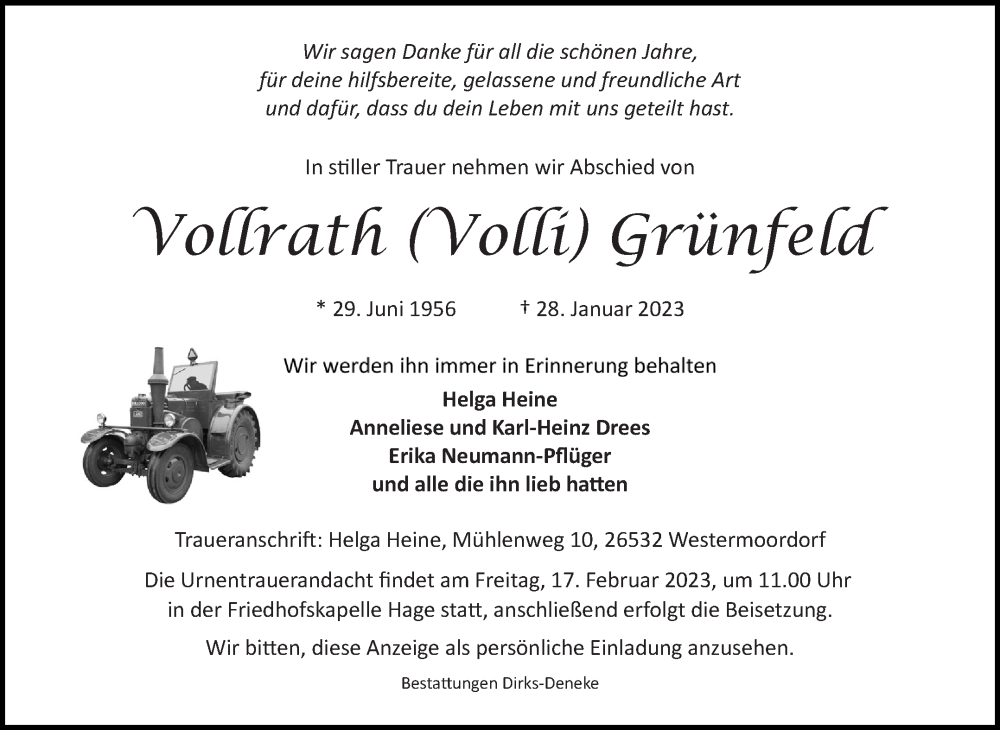  Traueranzeige für Vollrath Grünfeld vom 04.02.2023 aus 
