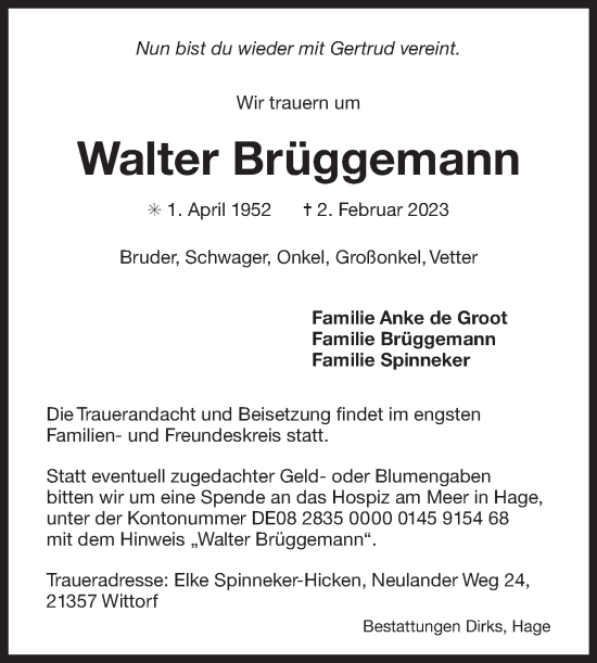 Traueranzeige von Walter Brüggemann 