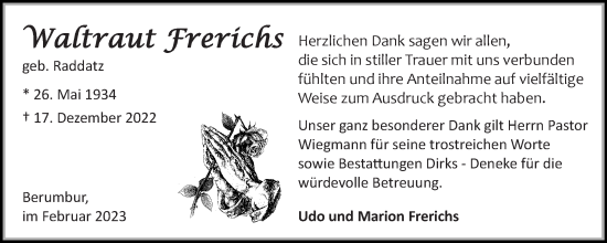 Traueranzeige von Waltraut Frerichs 