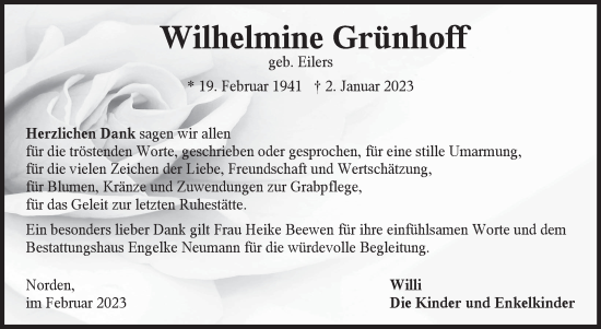 Traueranzeige von Wilhelmine Grünhoff 