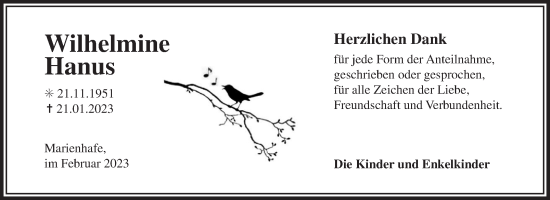 Traueranzeige von Wilhelmine Hanus 