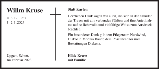Traueranzeige von Willm Kruse 