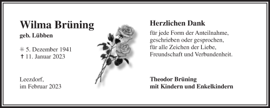 Traueranzeige von Wilma Brüning 