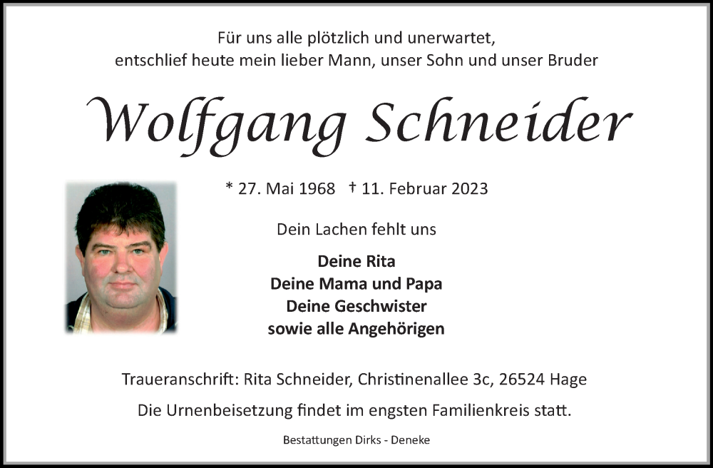  Traueranzeige für Wolfgang Schneider vom 14.02.2023 aus 
