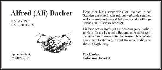 Traueranzeige von Alfred Backer 