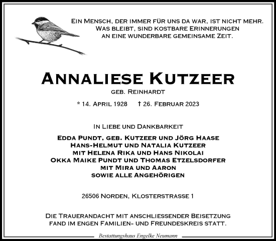 Traueranzeige von Annaliese Kutzeer 