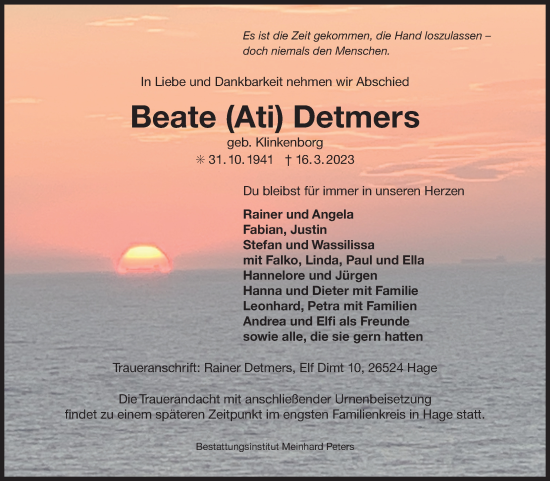Traueranzeige von Beate  Detmers 