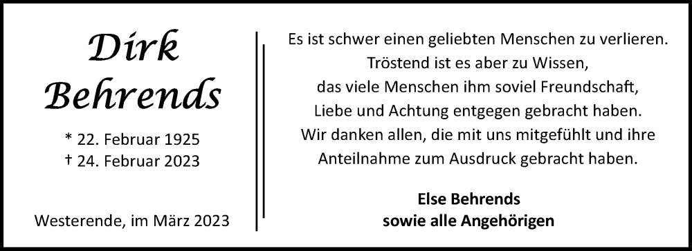 Traueranzeige für Dirk Behrends vom 25.03.2023 aus 