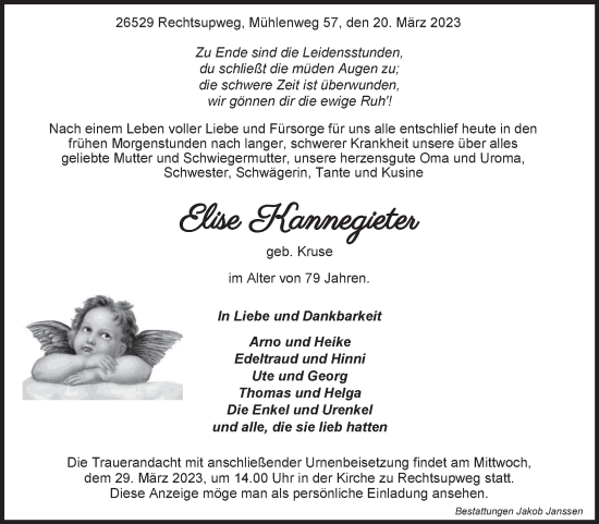 Traueranzeige von Elise Kannegieter 