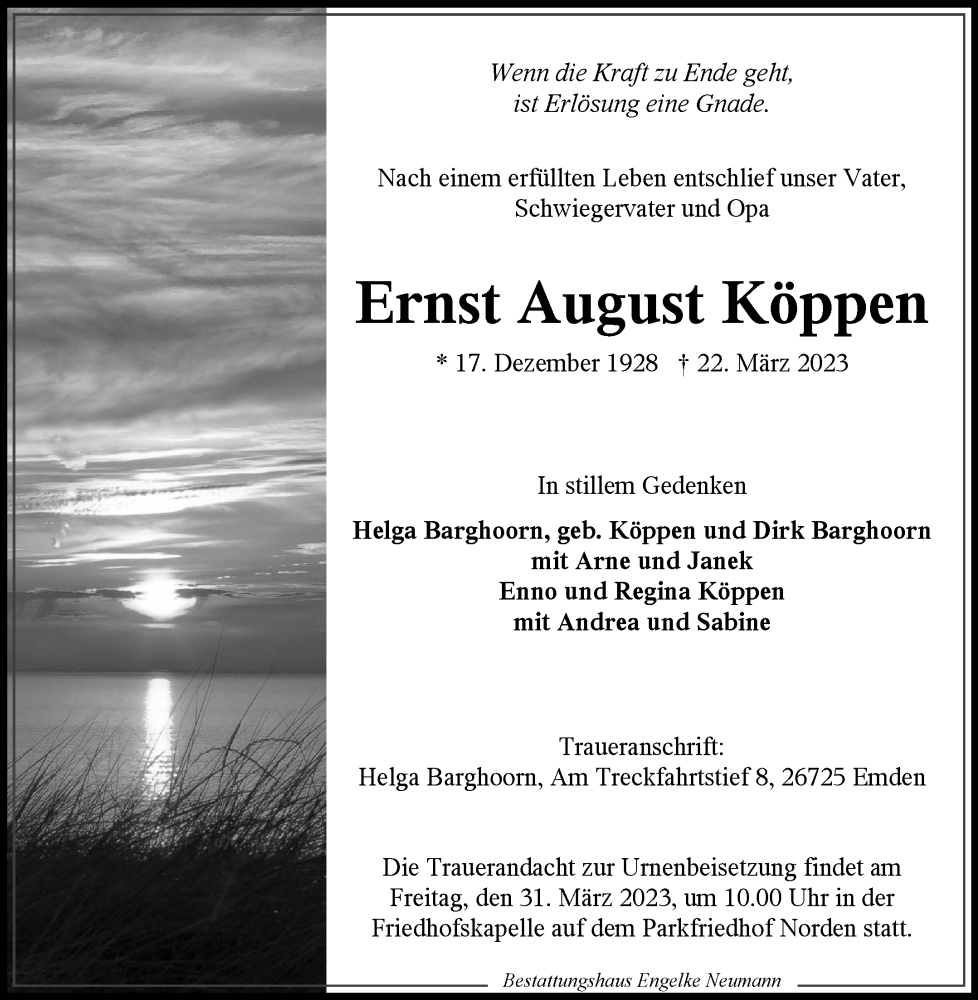  Traueranzeige für Ernst August Köppen vom 25.03.2023 aus 
