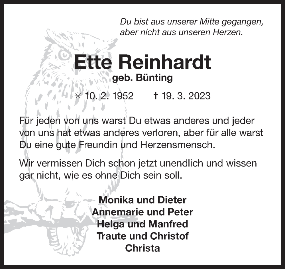  Traueranzeige für Ette Reinhardt vom 24.03.2023 aus 
