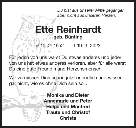 Traueranzeige von Ette Reinhardt 